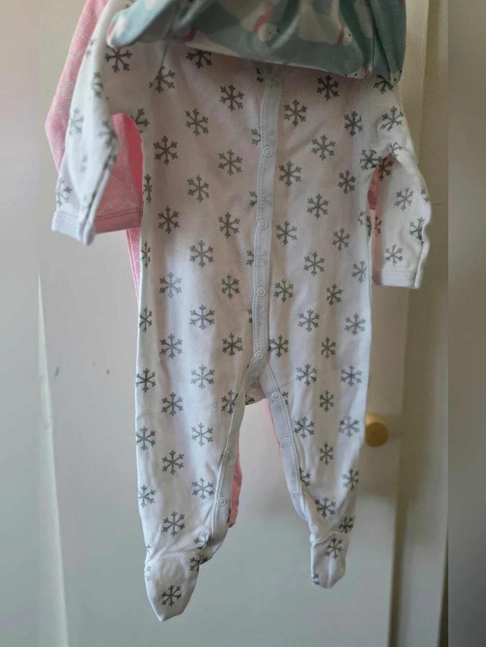 Hudson Baby 3 Piece Polar Bear Snowflake Footed One-Piece  Light Blue White Pink